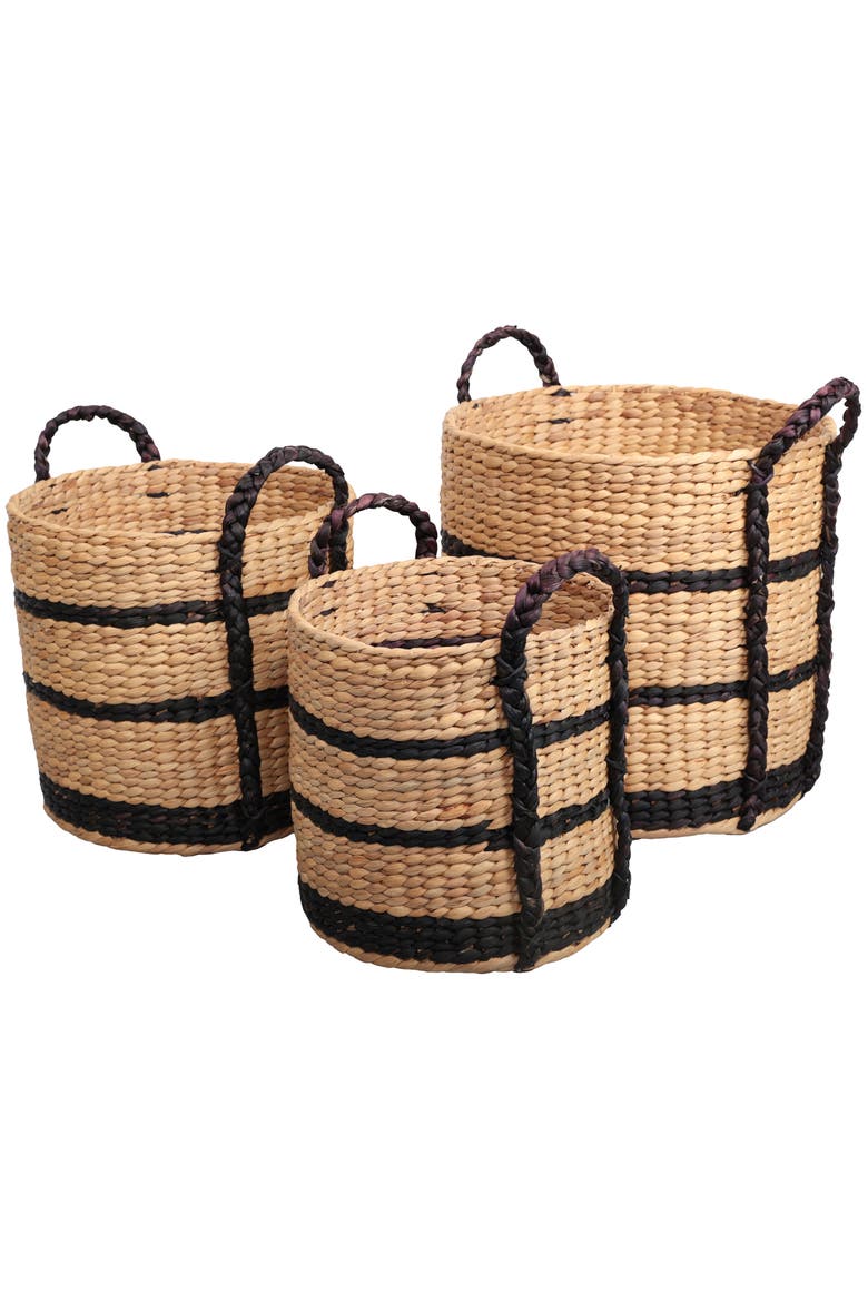 Stripe Handwoven Water Hyacinth Nesting Storage Baskets with Handles, Main, color, Natural/Black