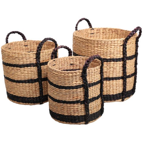 Stripe Handwoven Water Hyacinth Nesting Storage Baskets with Handles (Set of 3)