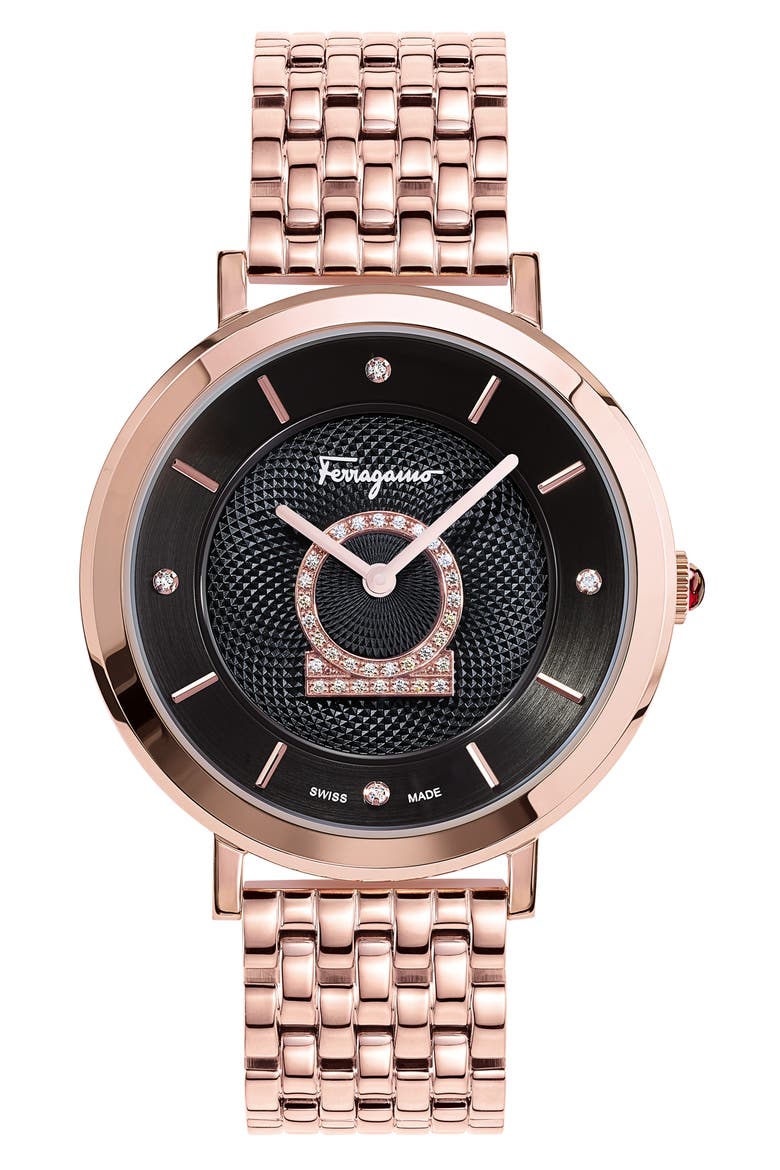 Salvatore Ferragamo Minuetto Diamond Bracelet Watch, 36mm, Main, color, ROSE GOLD/ BLACK/ ROSE GOLD