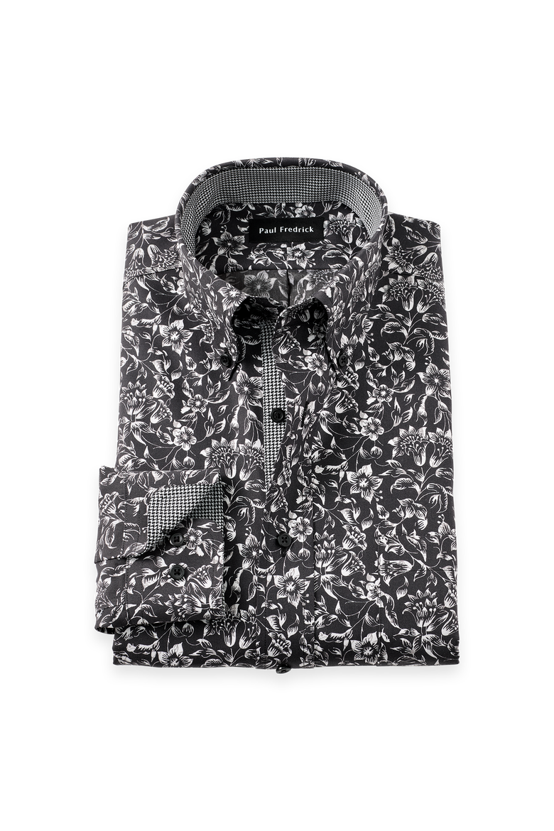 Cotton Buttondown Collar Pinpoint Classic Contrast Trim Button Cuff Long Sleeve, Main, color, Black