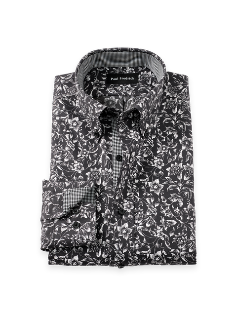 Cotton Buttondown Collar Pinpoint Classic Contrast Trim Button Cuff Long Sleeve