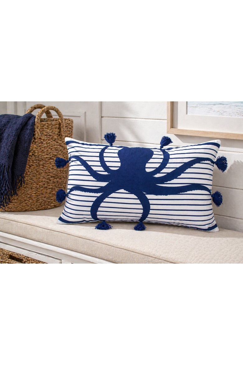 Indigo Stripes Octopus Cotton Blend Lumbar Accent Pillow 14" x 22", Alternate, color, Blue