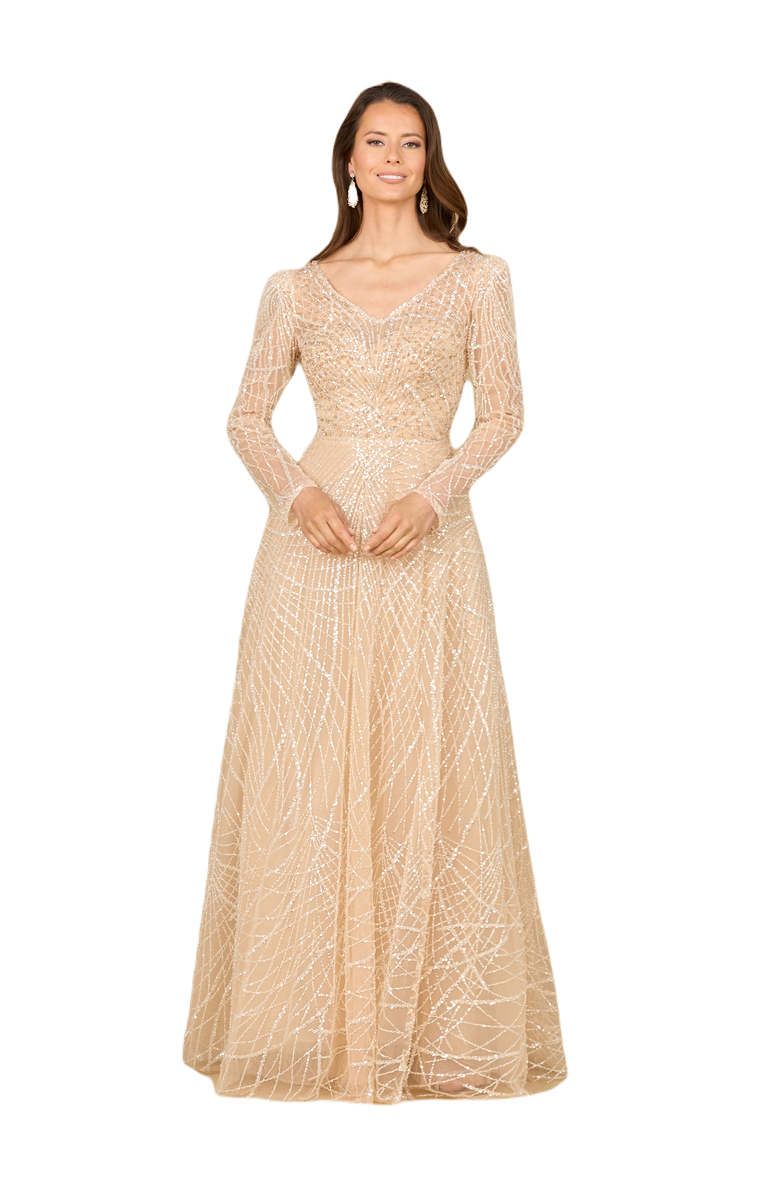 LARA New York Long Sleeve V-Neck Ballgown, Main, color, 