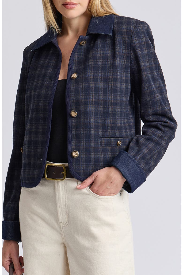 Plaid Button Front Jacket with Denim Collar and Cuffs, Main, color, DEEP NAVY PLAID