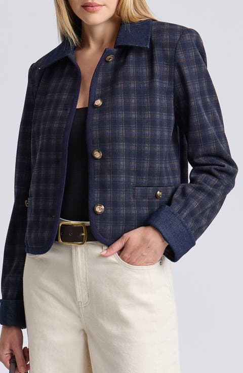 Plaid Button Front Jacket with Denim Collar and Cuffs