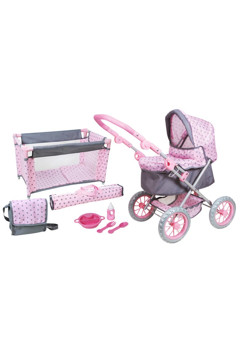Combo Baby Doll Play Set, Pink & Grey Polka Dot, Bed, Pram, Fits Up to 18 Inches, Main, color, Pink