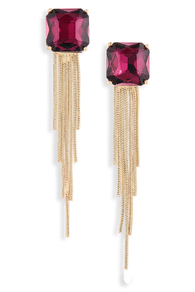 Cushion-Cut Crystal Chain Drop Earrings, Main, color, BURGUNDY