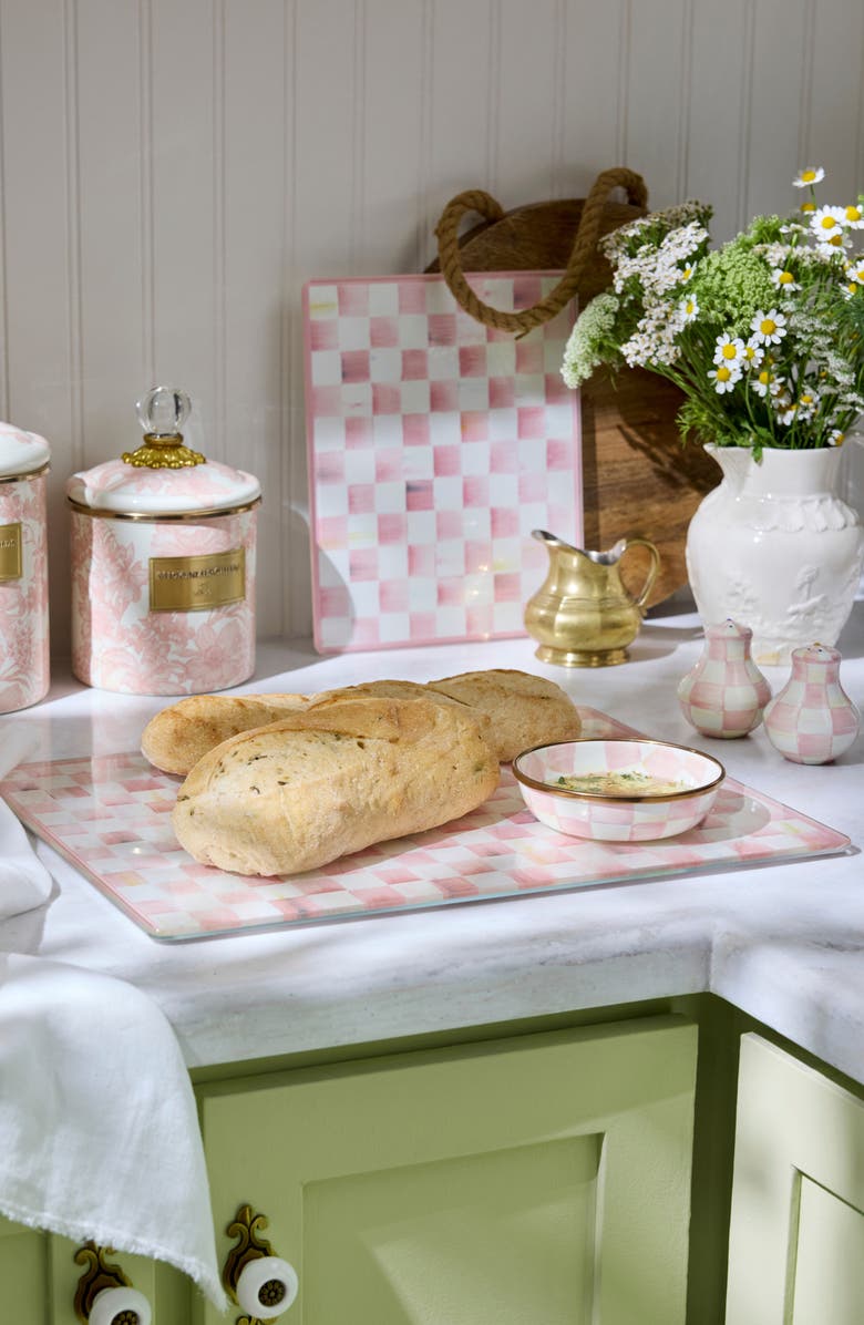 MACKENZIE CHILDS Rosy Check Set of 2 Glass Cutting Boards, Alternate, color, Rosy