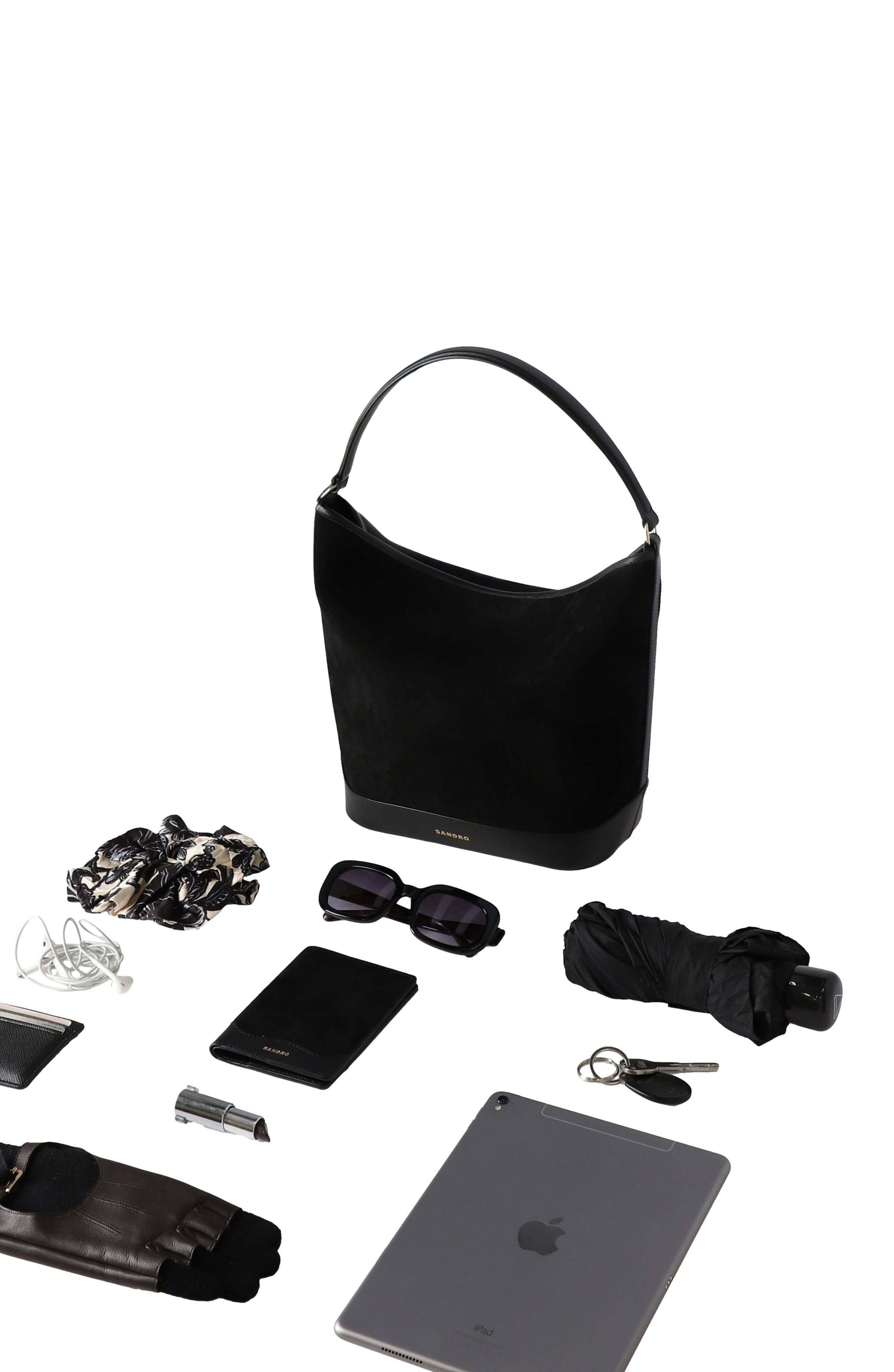 SANDRO Soft suede shopping bag, Alternate, color, Black