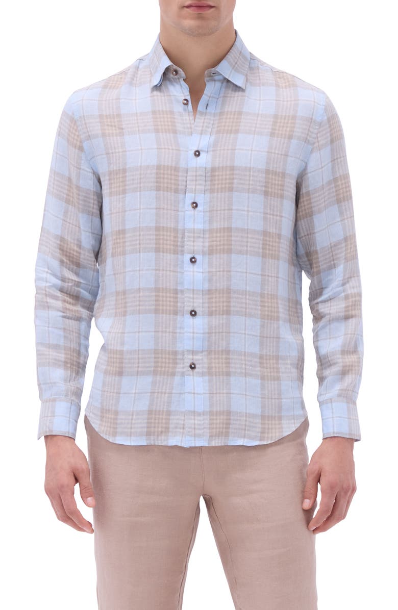 Bugatchi Julian Plaid Slub Linen Button-Up Shirt, Main, color, Sky
