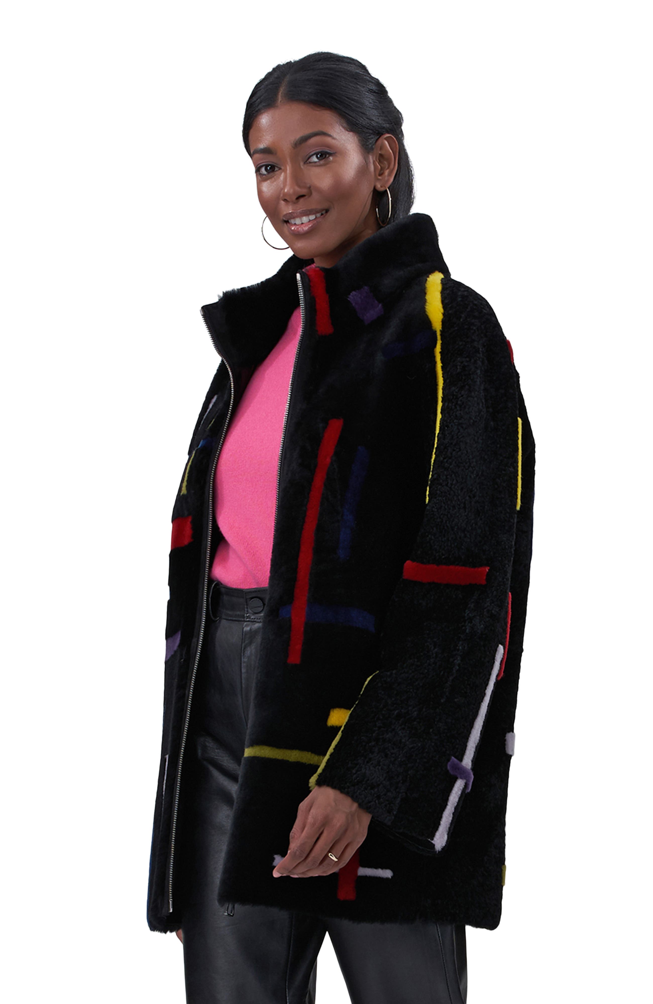 Genuine Shearling Zip Jacket With Abstract Intarsia