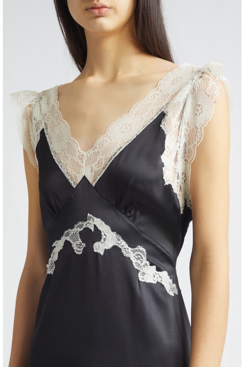 Gender Inclusive Irene Lace Trim Silk Charmeuse Midi Dress, Alternate, color, BLACK