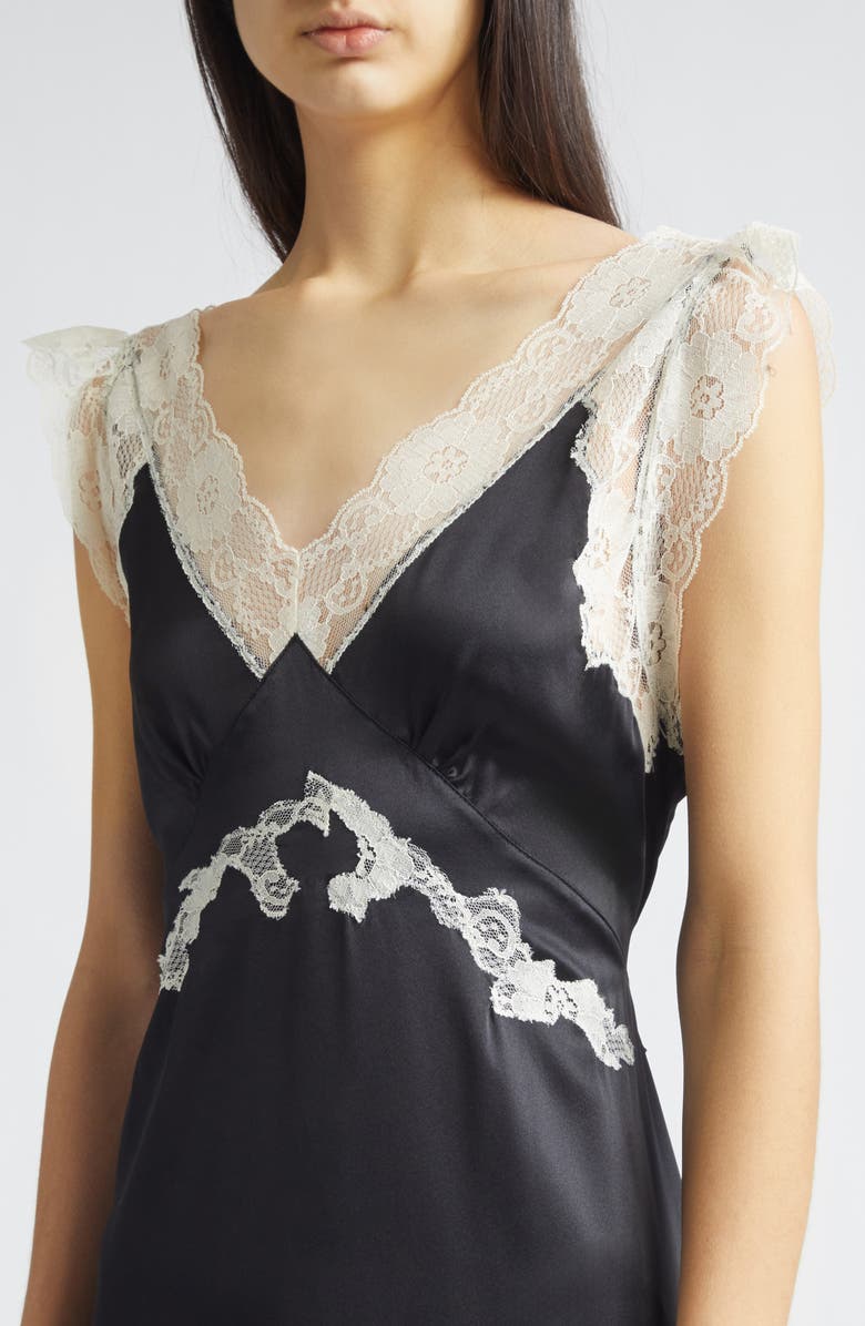 Tanner Fletcher Gender Inclusive Irene Lace Trim Silk Charmeuse Midi Dress, Alternate, color, Black