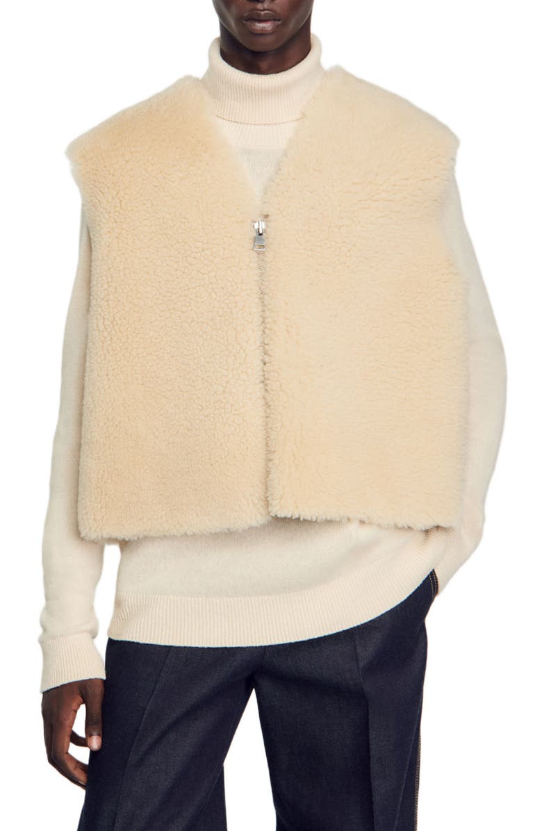 SANDRO Sleeveless shearling cardigan, Main, color,