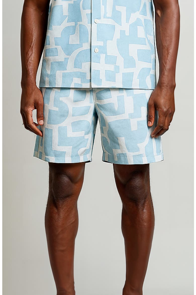 Geometric Print Swim Trunks, Alternate, color, WHITE / LIGHT BLUE