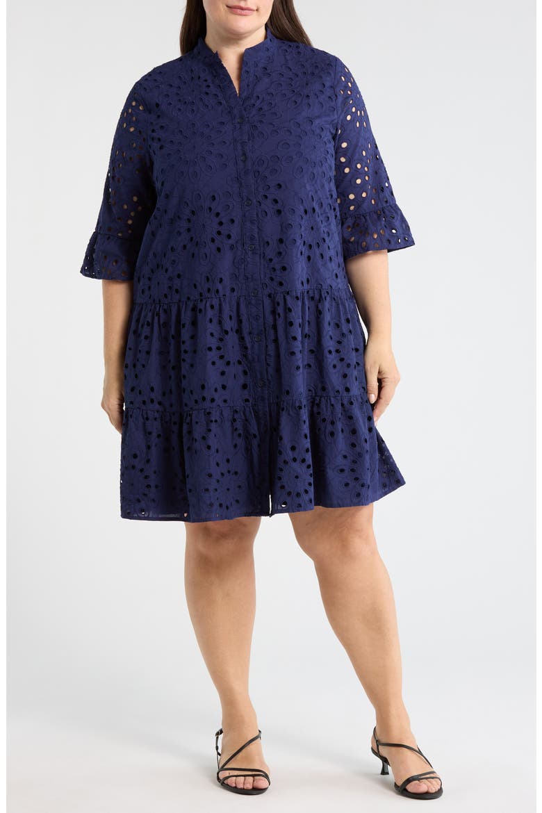 Eyelet Embroidered Tiered Cotton Dress, Main, color, DISTANT MOUNTAIN