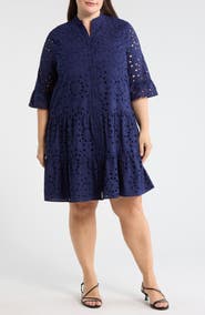 Anne Klein Eyelet Embroidered Tiered Cotton Dress