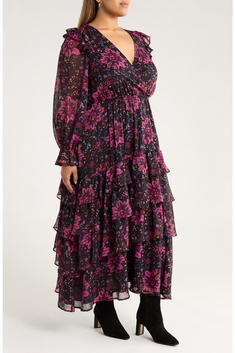 Tiered Ruffle Faux Wrap Maxi Dress, Alternate, color, BLACK-PINK PAINTERLY MEDALLION