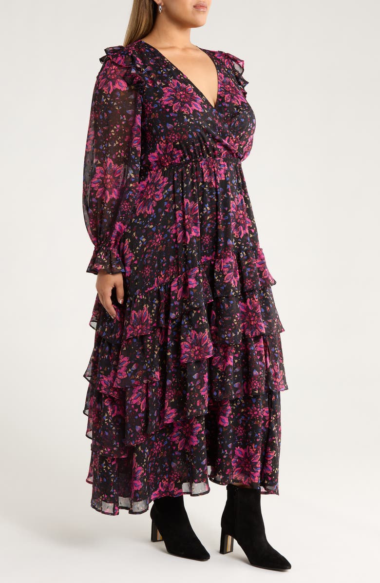 Treasure & Bond Tiered Ruffle Faux Wrap Maxi Dress, Alternate, color, Black-Pink Painterly Medallion