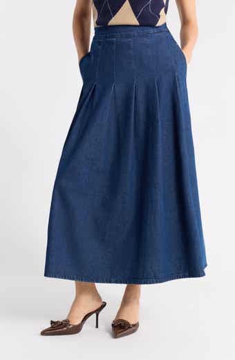 Pleated Denim Midi Skirt