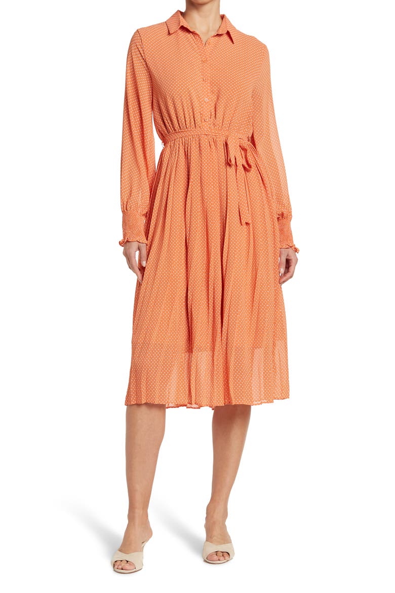 Pleated Chiffon Midi Dress, Main, color, MELON