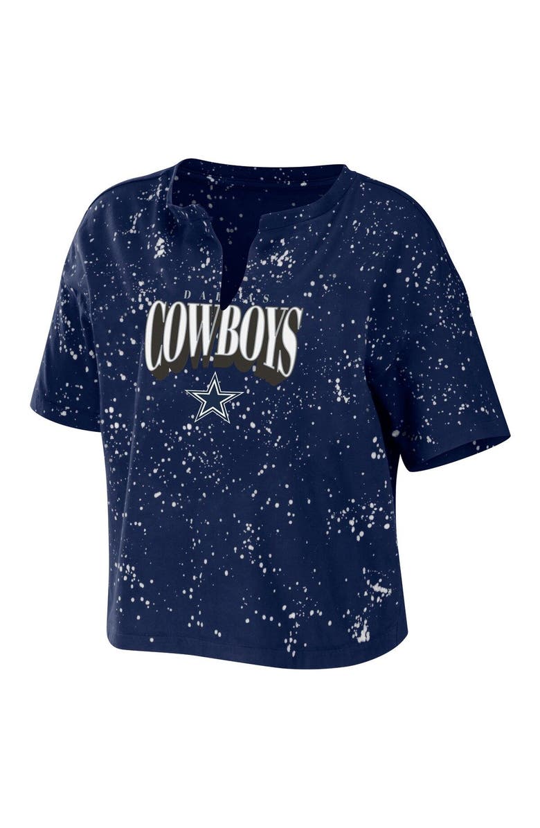 WEAR by Erin Andrews Women's WEAR by Erin Andrews Navy Dallas Cowboys Bleach Wash Splatter Notch Neck Cropped T-Shirt, Alternate, color,