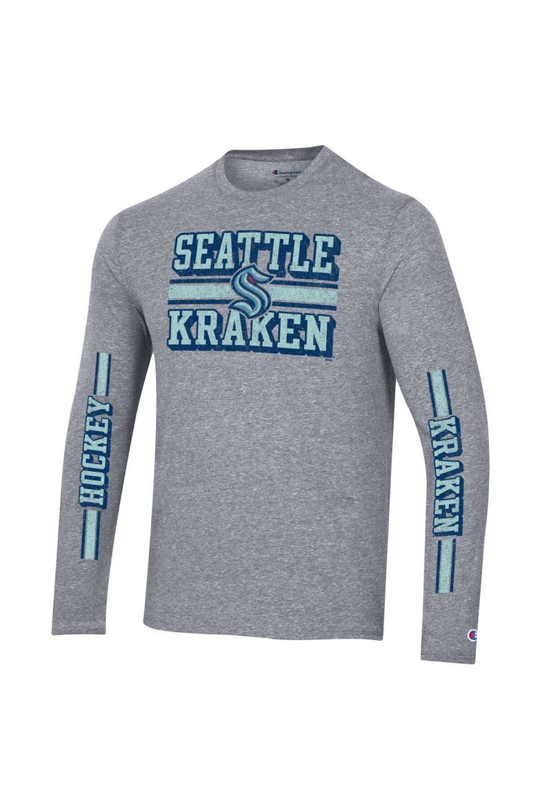 Men's Champion Heather Gray Seattle Kraken Tri-Blend Dual-Stripe Long Sleeve T-Shirt, Alternate, color, Heather Gray