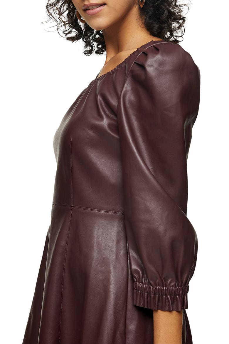 Balloon Sleeve Faux Leather Fit & Flare Dress, Alternate, color, BURGUNDY