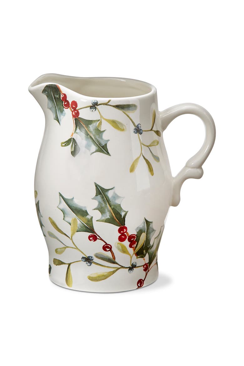 Winter Sprig Ceramic Beverage Pitcher Multicolor Hand Wash, Main, color, White