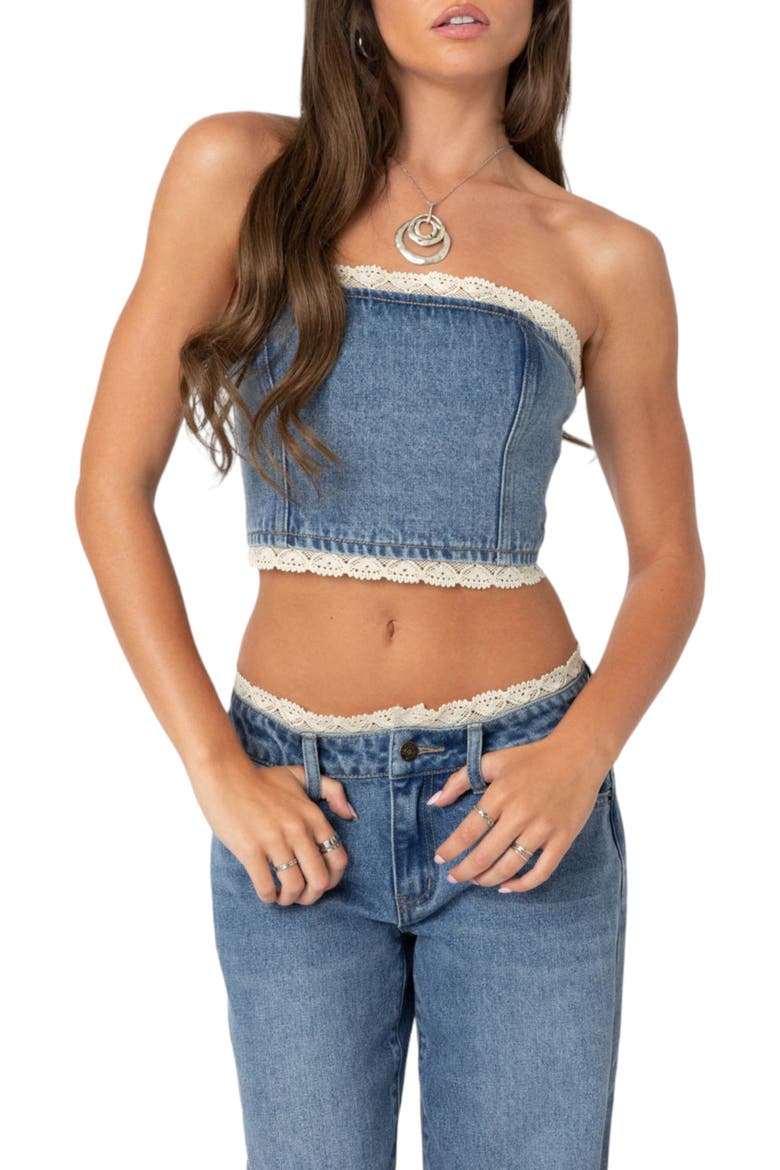 Karlie Lace Trim Denim Tube Top, Main, color, BLUE