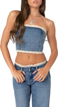 EDIKTED Karlie Lace Trim Denim Tube Top