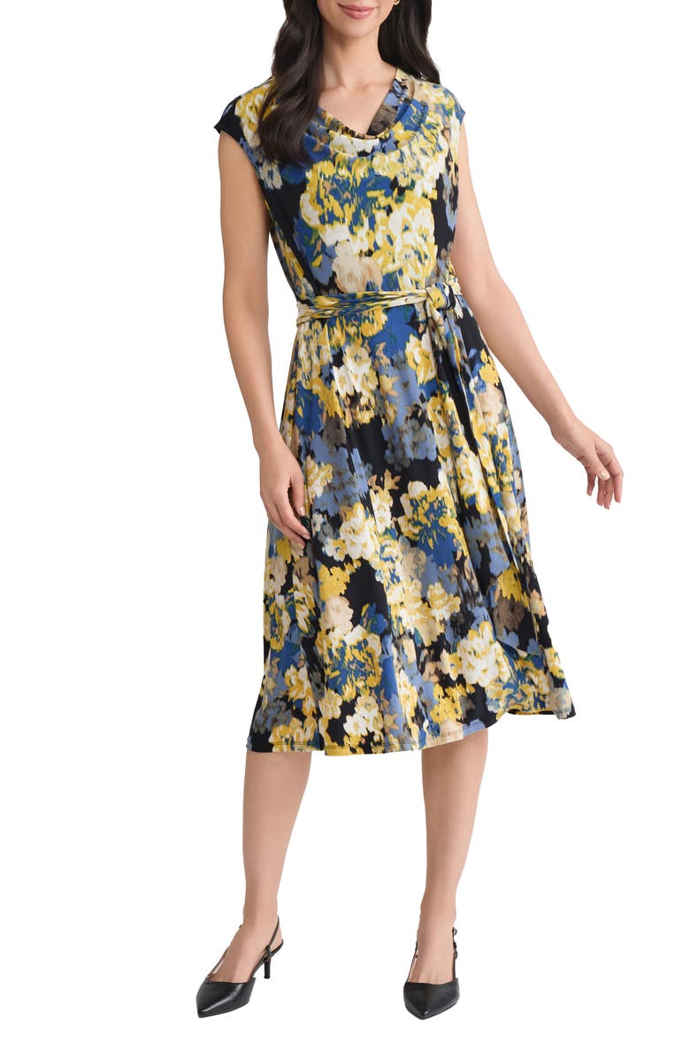 KASPER Cowl Neck Tie Waist Flare Dress, Main, color, Black Multi