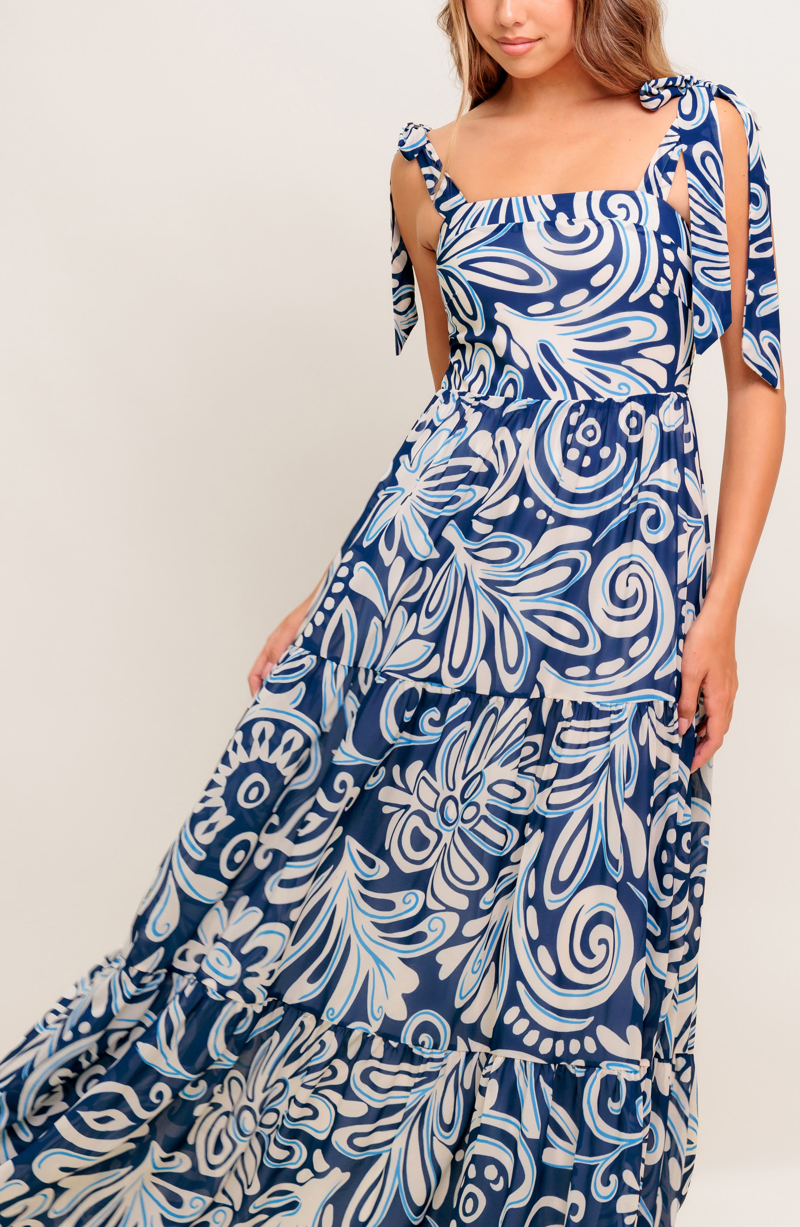 FLYING TOMATO Tie Strap Tiered Chiffon Maxi Dress (Women