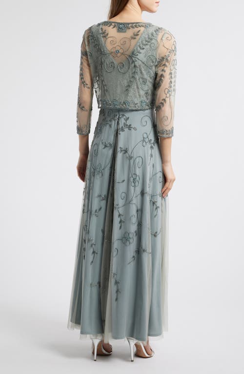Pisarro Nights Beaded Mesh Gown With Jacket In Blue