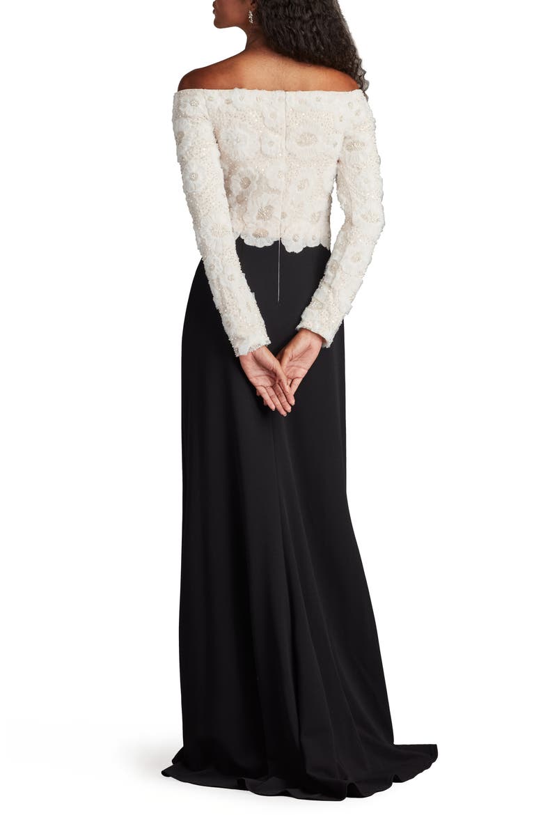 Rhinestone Floral Off the Shoulder Mixed Media Gown, Alternate, color, IVORY/ BLACK