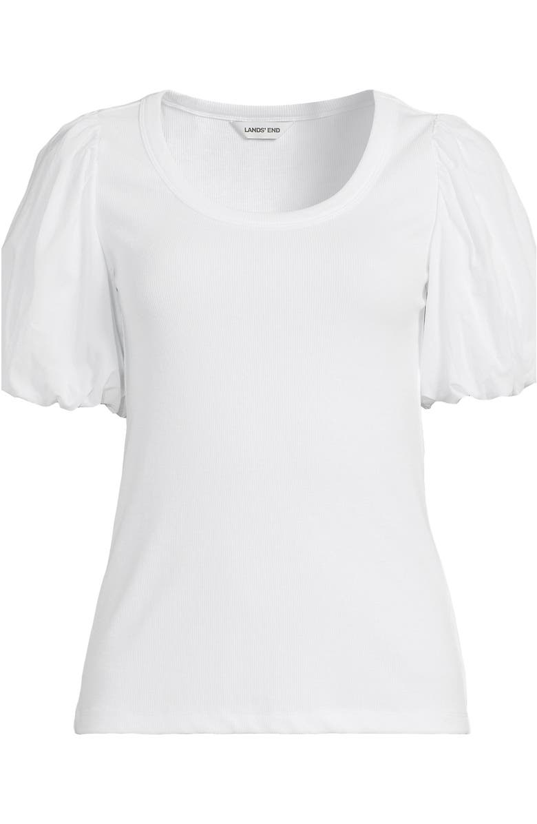 Lands' End Plus Size Drapey Rib Puff Sleeve Scoop Neck Top, Alternate, color, White