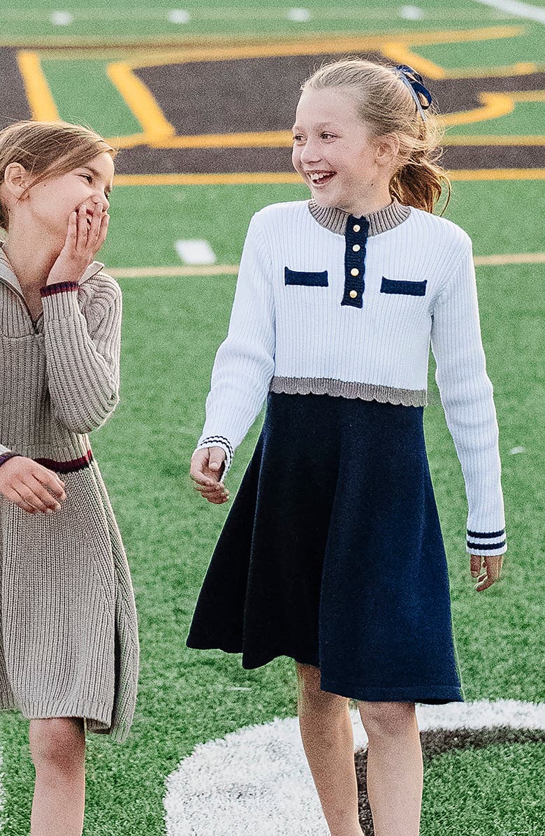 Hope & Henry Kids' Organic Mock Neck Henley Sweater Dress, Alternate, color, Soft White And Navy Colorblock
