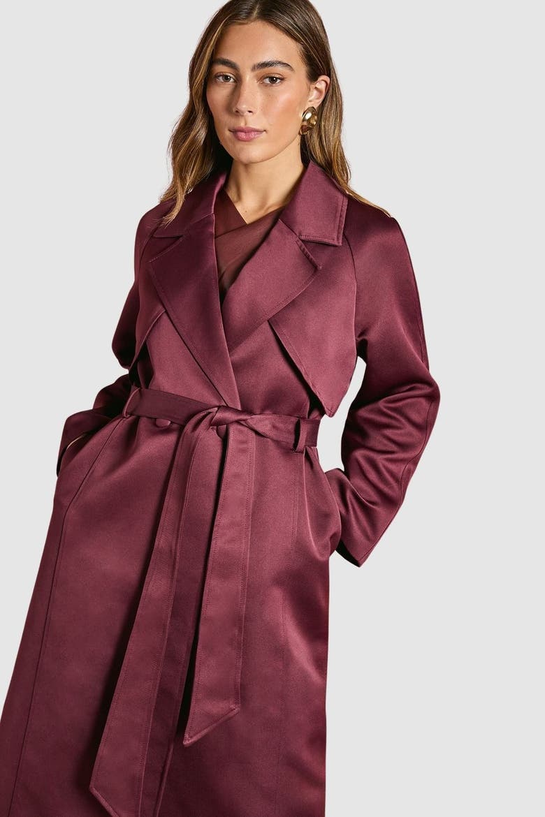 Satin Occasion Belted Trench Coat, Alternate, color, Malbec