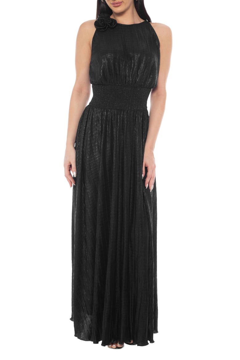 Rosette Pleated Sleeveless Maxi Dress, Main, color, BLACK