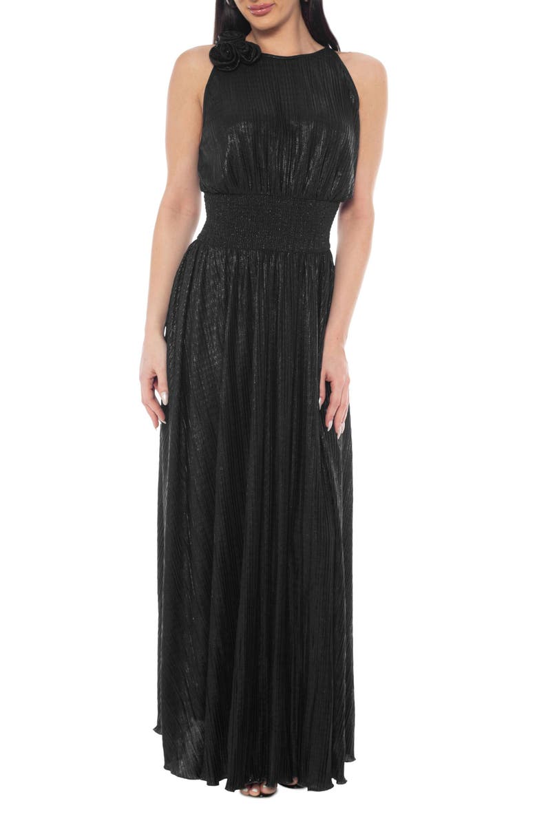Oleg Cassini Rosette Pleated Sleeveless Maxi Dress, Main, color, Black