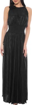 Oleg Cassini Rosette Pleated Sleeveless Maxi Dress