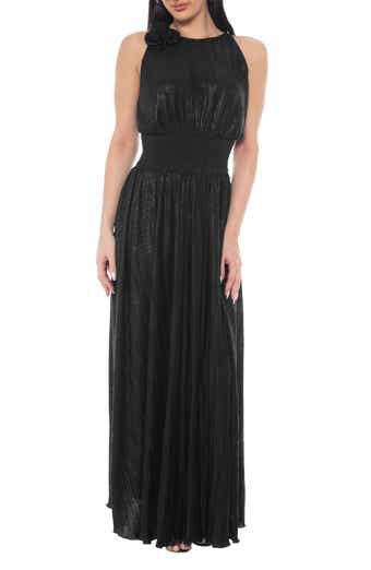 Oleg Cassini Rosette Pleated Sleeveless Maxi Dress