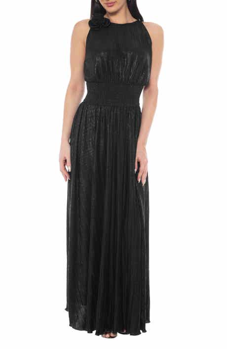 Oleg Cassini Rosette Pleated Sleeveless Maxi Dress
