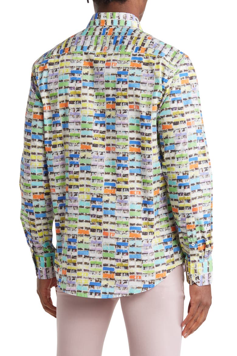Colorful Button Rug Bugatchi Shaped Fit Color Blocks Print Button-Up Shirt (Men ...