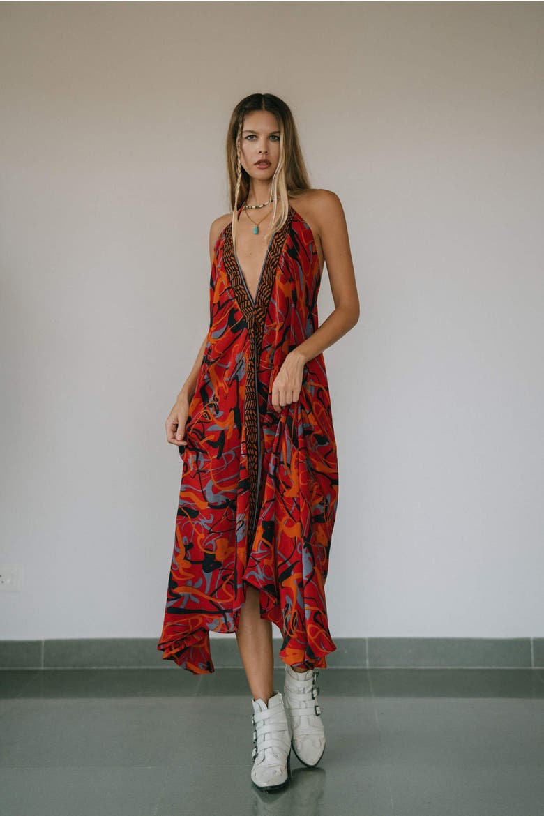 Classic Silk Dress Breezy, Main, color, Red, Orange & Blue