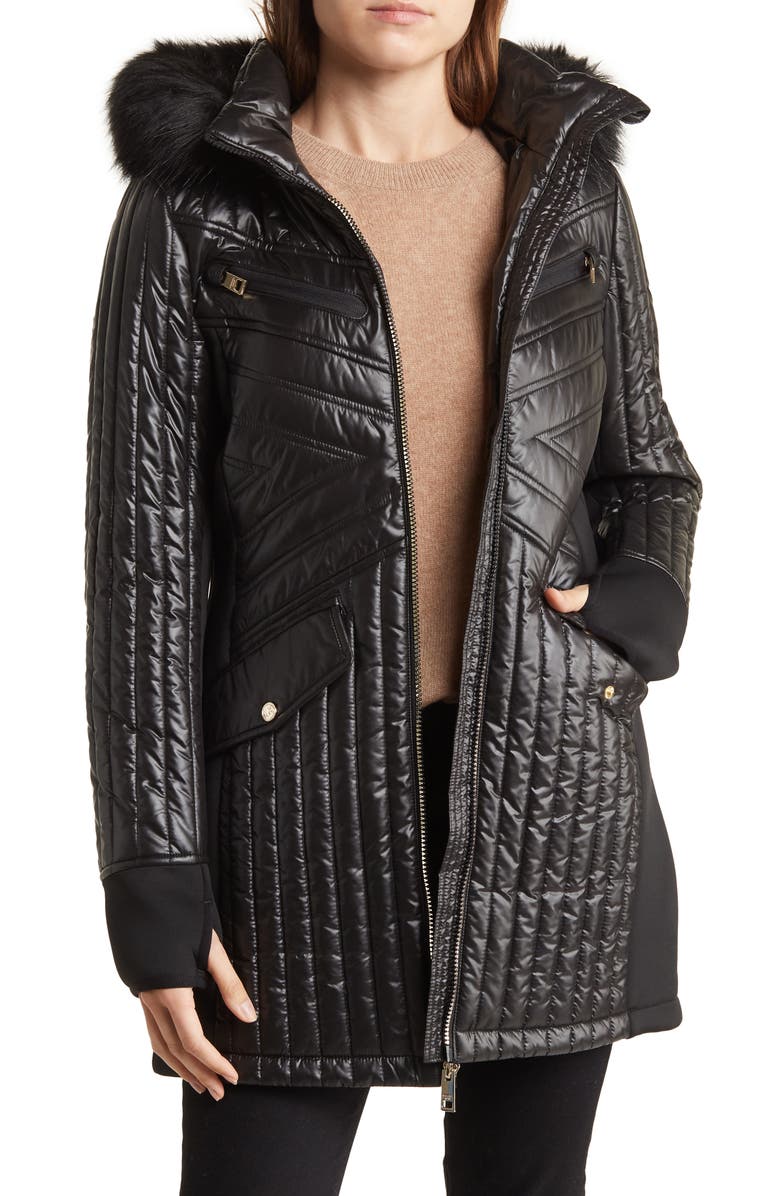 Michael Kors Water-Resistant Faux Fur Trim Hooded Quilted Jacket, Main, color, 