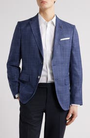 BOSS Hutson Slim Fit Blue Check Wool & Silk Blend Sport Coat