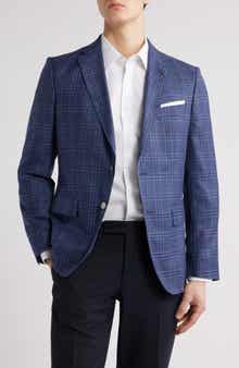 BOSS Hutson Slim Fit Blue Check Wool & Silk Blend Sport Coat