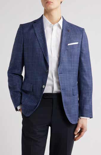 BOSS Hutson Slim Fit Blue Check Wool & Silk Blend Sport Coat