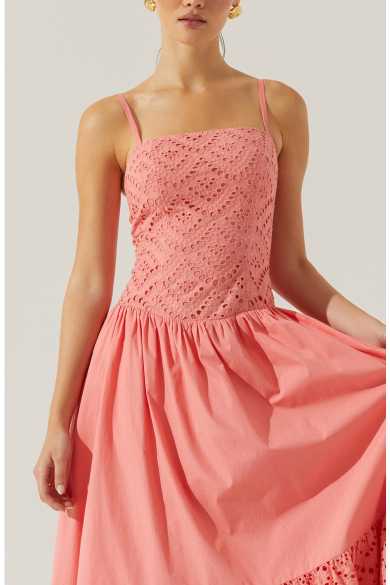 Nathalia Eyelet Embroidered Cotton Midi Dress, Alternate, color, CORAL